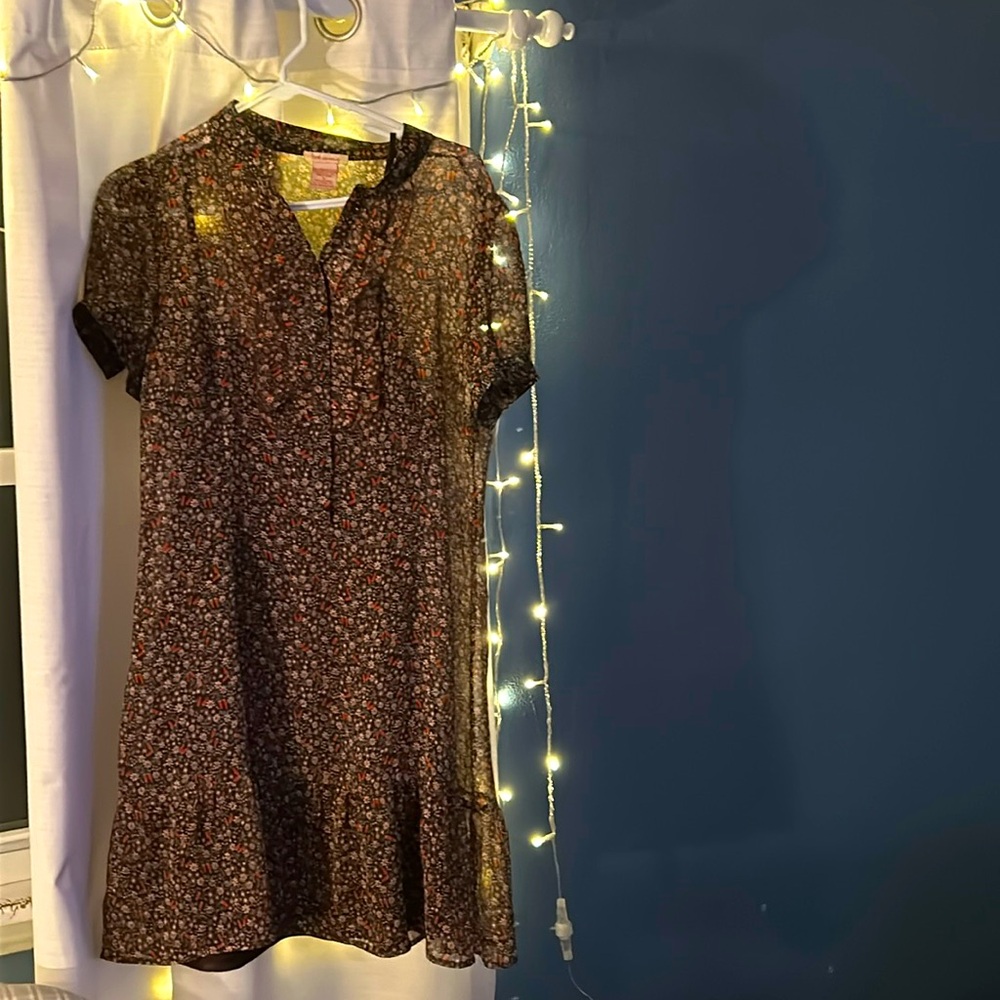 Fire Los Angelas dress ruffle front separate slip. Brown with white flowers